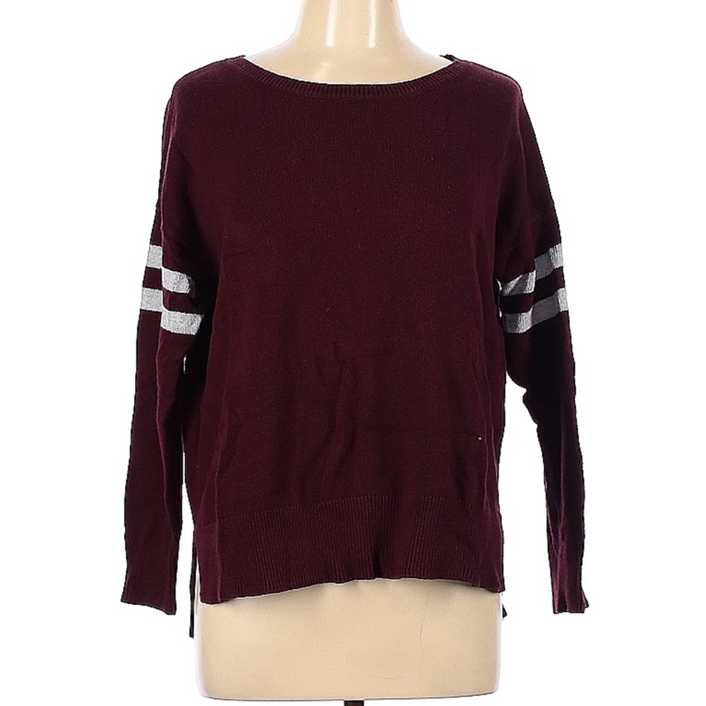 AE super soft lightweight burgundy sweater with white stripes on the sleeve.